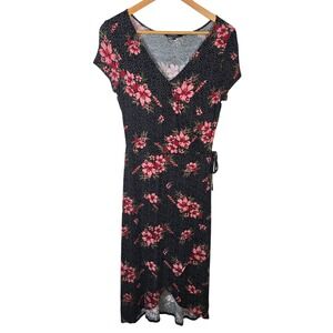 Cherry Blossom Black Floral Polka Dot Wrap Midi Dress Size Medium‎ M Women